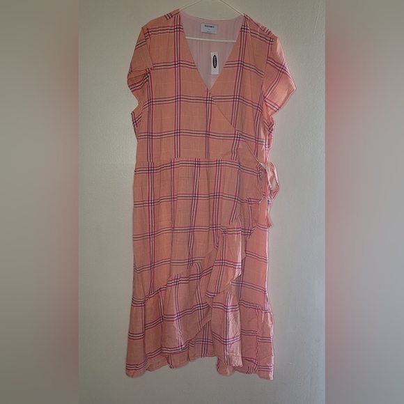 Old Navy Dresses & Skirts - NWT Old Navy Dress Womens XXL Pink Orange Plaid Ruffle Fauz Wrap Picnic Summer